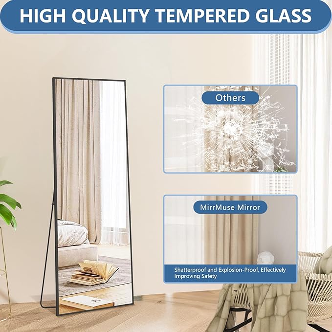 56"X18" Full Length Mirror, Black Floor Mirror with Stand Hanging or Leaning Against Wall Aluminum Alloy Frame Wall Mirror Full Length Tempered Glass for Bedroom Living Room