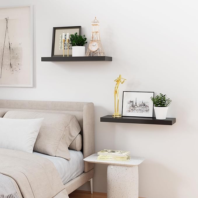 Bellsal 2-Pack Black Modern Floating Shelves, 24" Wall Mounted, Set of 2 Wooden Wall Shelf for Kitchen, Living Room, Bedroom, Bathroom Storage