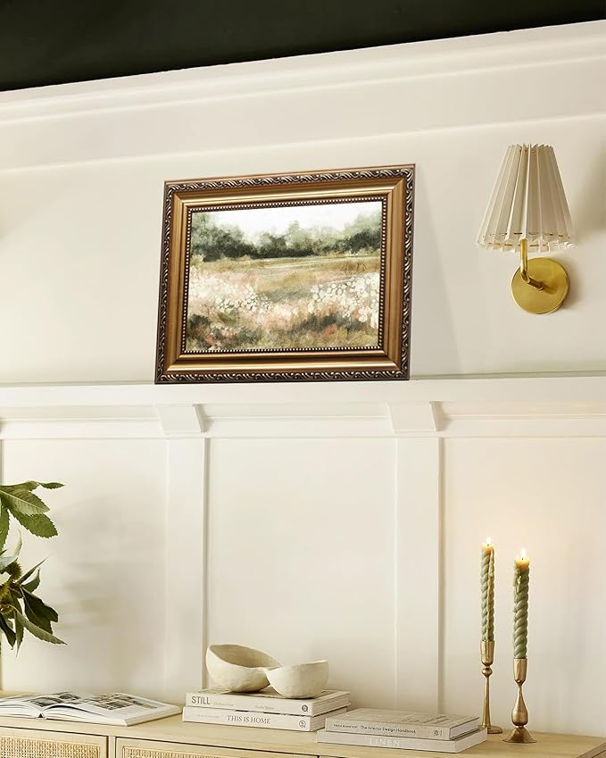 KBKBART Gold Framed Vintage Wall Art, Vintage Watercolor Wildflower Countryside Canvas Oil Painting Farmhouse Decor Wall Art, Rustic Antique Landscape Bathroom Wall Decor for Bedroom Living Room, Gifts for Friends or Family(12"x16")