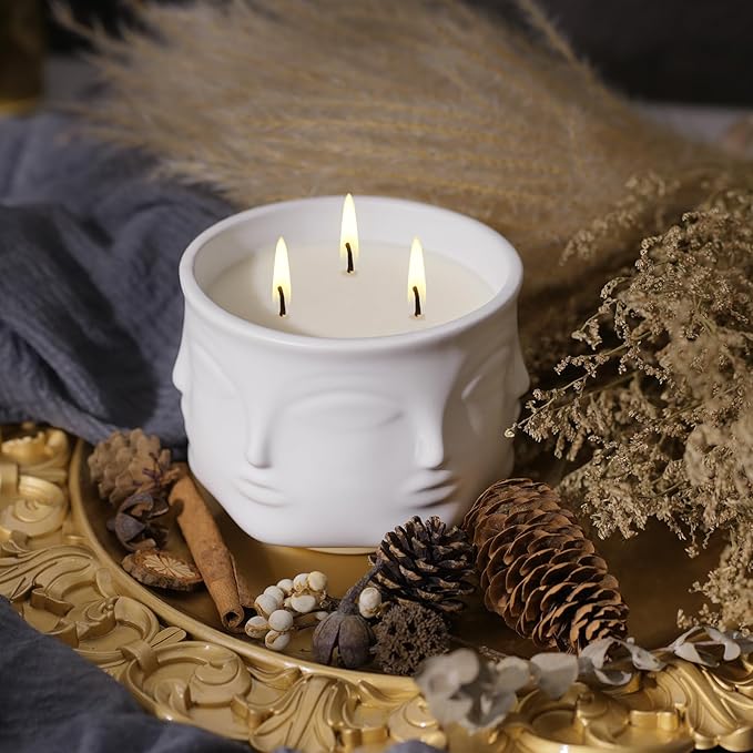 Viyffo 20oz Large 3 Wick Decorative White Ceramic Jar Scented Candle – Vanilla Dreamscape & Fresh Spice, Non Toxic Soy Candle, Luxury Home Fragrance for Women, Elegant Spring Décor & Unique Gift