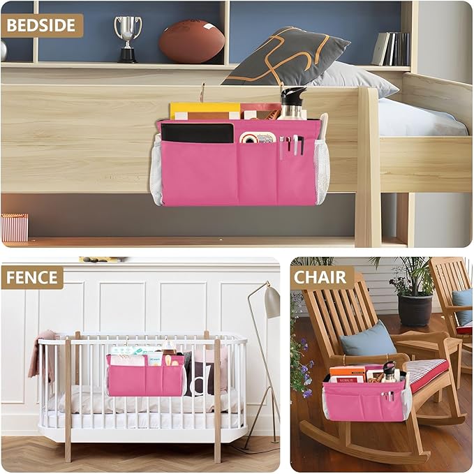 Neon Rose Red Bedside Caddy Storage Bag Bedside Organizer for Dorm Room Top Bunk Bed Hanging Bag Bedside Shelf 6 Pockets with Hooks for Magazine Water Bottle Holder