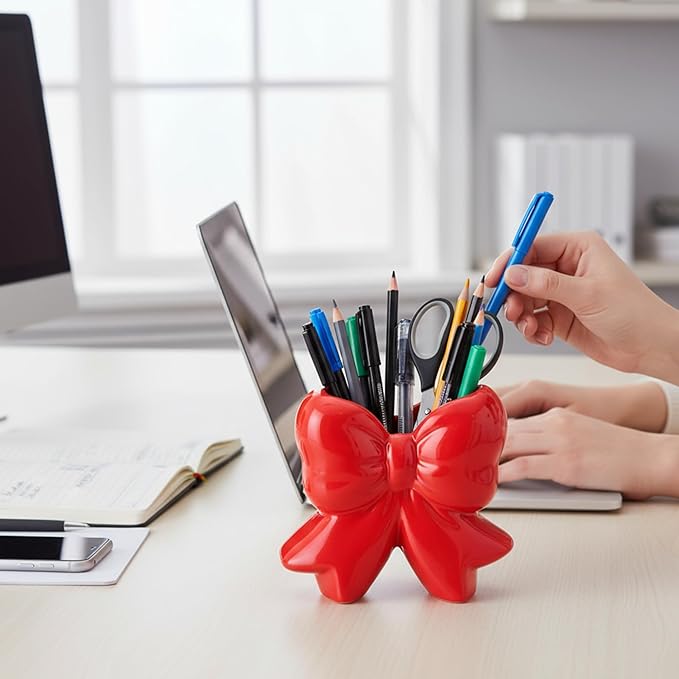 Jingmore Bow Vase Coquette Ceramic Vase Pen Holder Makeup Brush Holder Contemporary Design Decorative Women Gift for Christmas Home Office Shelf Table Room(Red,Small,Classic)