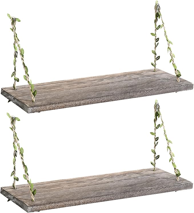MITIME Leaf Rope Hanging Floating Shelves, Wall Swing Storage Shelf for Home Decor.17, 2-Pack (Retro Color)