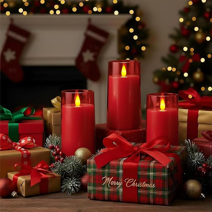 Raycare Flameless Electronic Pillar Candles with Remote Control and Timer- Battery Operated Realistic Flickering LED Fake Candle for Home, Wedding, Valentine's Day Decor,Red,Set of 3(3"x4"5" 6")