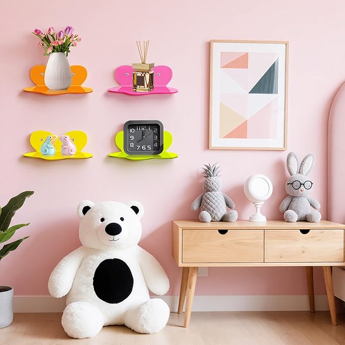 4 Pack Acrylic Shelves for Shelf Acrylic Floating Shelves Wavy Colorful Room Decor Cute Wall Decor for Toy,Makeup,Figure,Nail PolishWall Organizer for Bathroom, Bedroom, Living Room