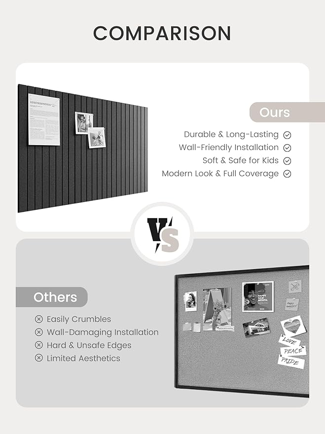 Bumusty Large Cork Board Alternative-36 x 24" Felt Bulletin Board Tiles, with 30 Pushpins, 40 Adhesive Tabs, Fine-Stripe 6-Pack, Cork Boards for Office Push Pin Board Felt Board-Charcoal Gray