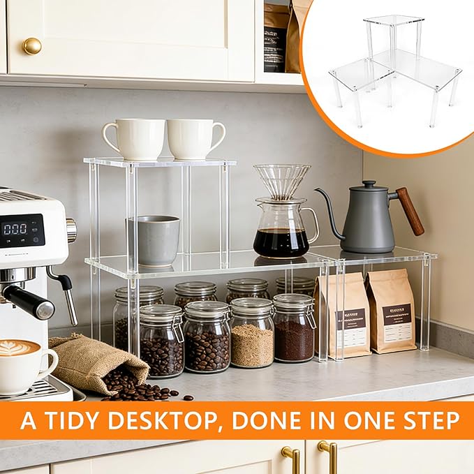 3 PCS Acrylic Corner Countertop Organizer, 2-Tier Adjustable Stackable Shelves(1 Large 2 Small), Clear Storage Rack for Kitchen Bathroom Cabinet Tabletop Coffee Bar and Spice