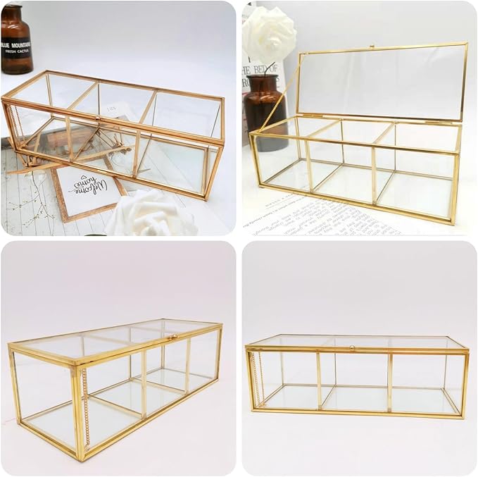 Gold Jewelry Box Gold Makeup Organizer, 3 Compartment Transparent Glass Box, 9.1x3.5x2.8 Inch Jewelry with Lid for Dresser Desktop