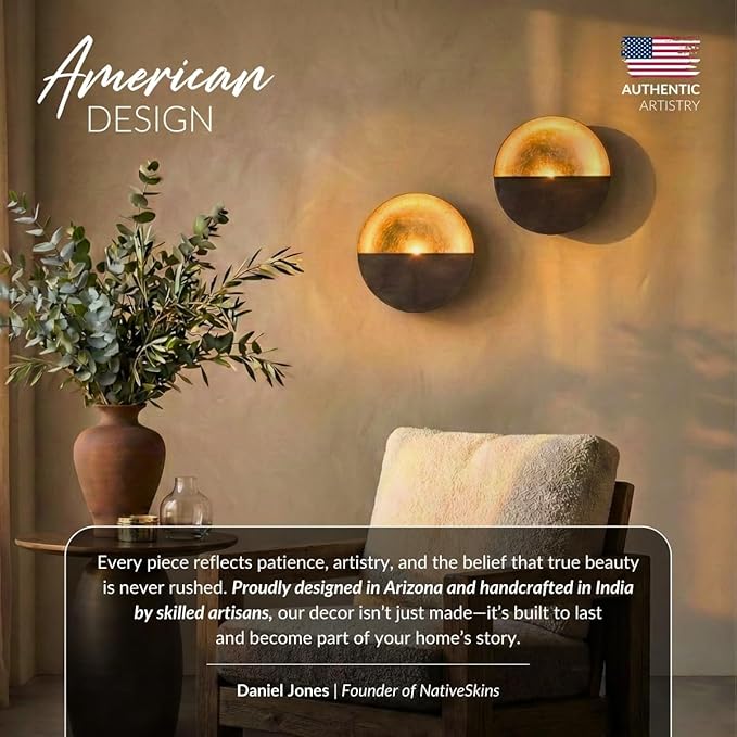 NativeSkins Eclipse Wall Candle Sconces Set of 2 – 6.5" Round Metal Tea Light Holders (3" Depth) with Gold Leaf Interior – Antique Nickel Decorative Accent for Bedroom, Hallway, Bathroom