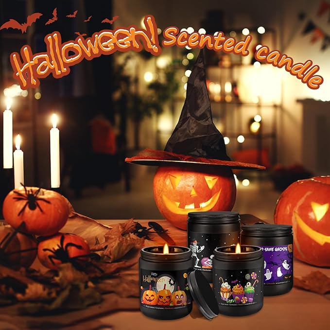 Halloween Scented Candles Set of 4 (7oz Each) ā Spooky Aromatherapy Soy Wax Candles with Bat & Ghost Designs, Smokeless for All Saints' Day, Home Decor & Festive Gifts