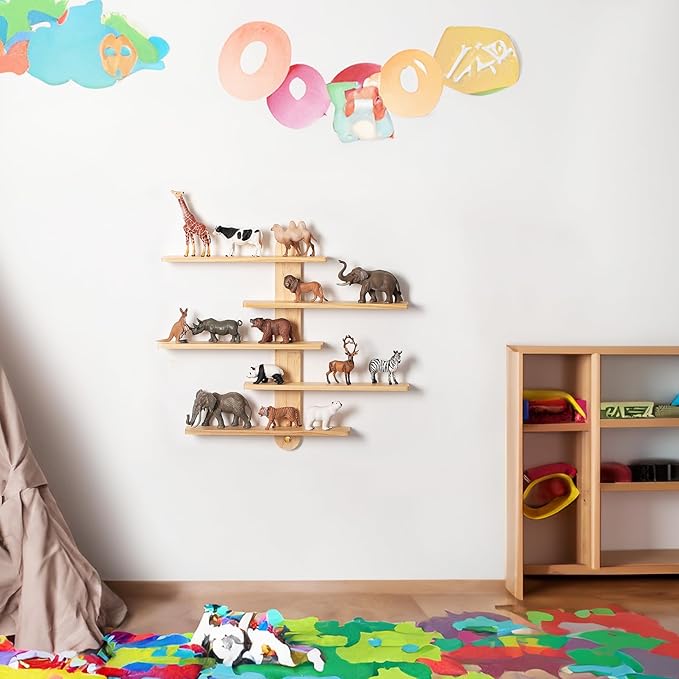 Wooden Floating Shelves for Wall, Small Wood Display Shelves Rack for Collectibles-Figures, Mini Decor, Toy, Toniebox - 16 inches Sliding Trinket Shelf with 2 Types of Installation