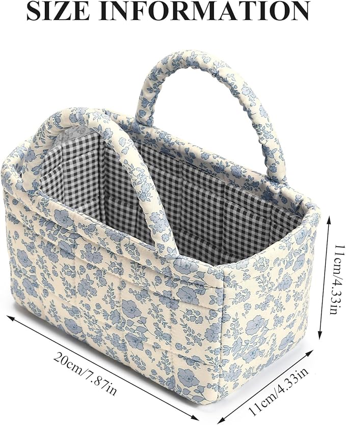 Small Storage Basket Organizer, Mini Fabric Floral Storage Baskets with Handle, Quilted Portable Collapsible Storage (Blue Floral)