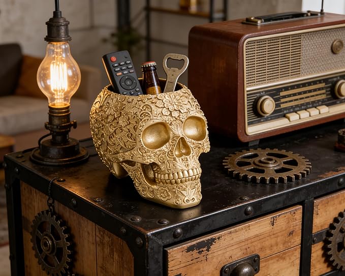Skull Bowl Decorative Skull Vase Makeup Brush Pen Holder Organizer Dresser Gothic Table Organizer Decoration, Gold Skull Pot Enthusiasts Gifts