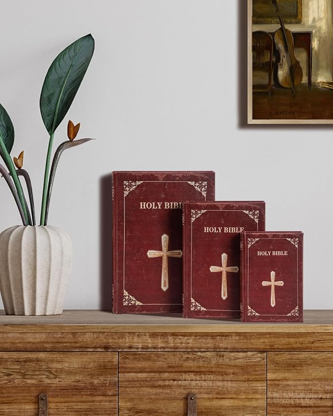 Wooden Book Box Set of 3 with Magnetic Closure and Classic Bible Design Leather Cover, Non-Woven Fabric Interior, Decorative Secret Storage for Bookshelves and Home Office