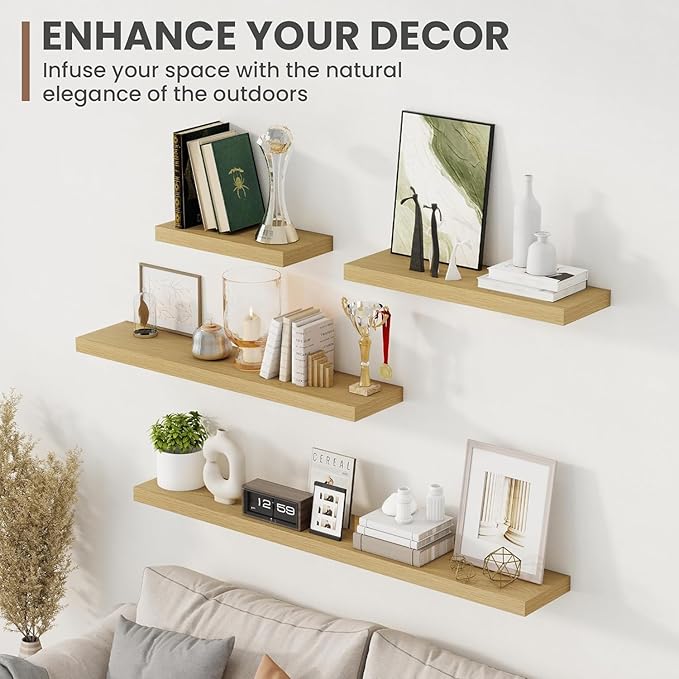 Acovy 55 Inch Floating Shelves, 8 Inch Deep Floating Shelves for Wall, Hanging Shelf with Invisible Brackets, Deep Shelves for Bathroom, Bedroom, Living Room, Oak, Set of 2