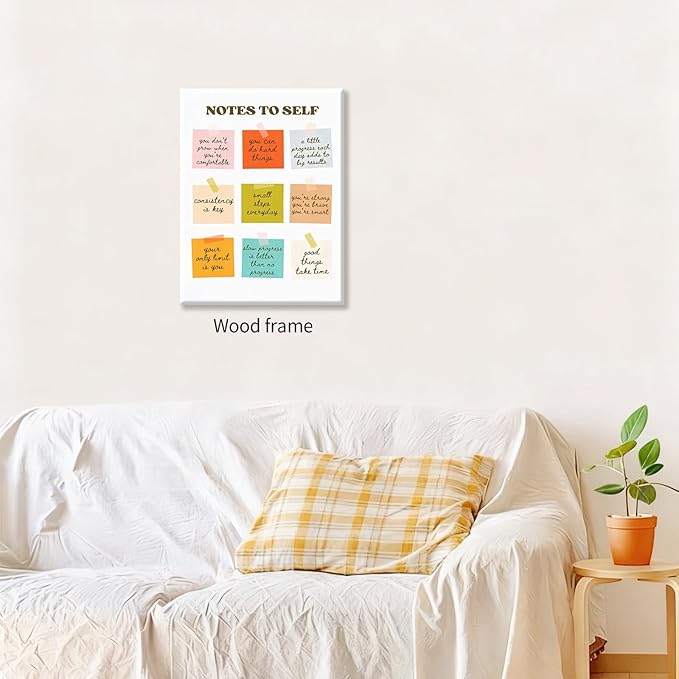 Notes To Self Motivational Quotes Wall Art Mental Health Canvas Poster 16X24 inch Framed Modern Colorful Inspirational Prints for Office Home Living Room Wall Decor