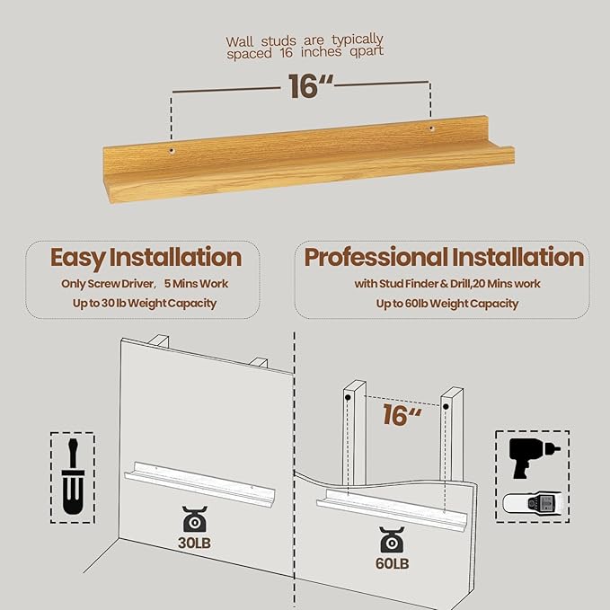 Heimlove Picture Ledge Shelf,24 inch Long Floating Shelves for Wall Set of 4,Picture Shelf with Lip for Wall Decor,Living Room,Bedroom,Bookshelf,Nursery,Perfume,Oak Color