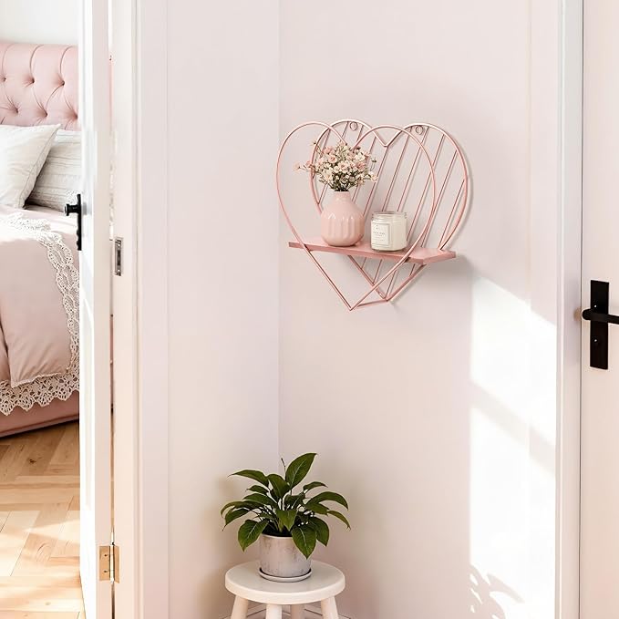 Afuly Floating Shelves for Wall, Cute Heart Wall Shelf Pink Funky Organizer Small Hanging Trinket Storage Aesthetic Room Decor for Bedroom Bathroom Hallway Entryway Vanity, Rose Gold