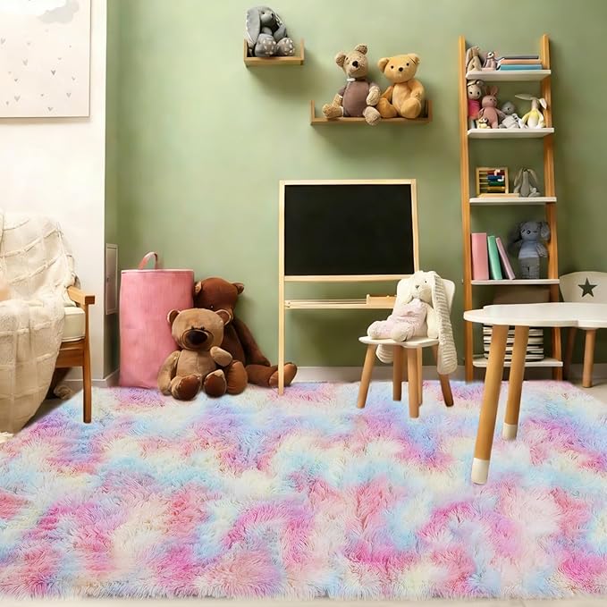 8x10 Area Rugs Living Room, Rainbow Large Plush Fluffy Bedroom Carpet, Non-Slip Upgraded Indoor Thick Soft Rug, Modern Plush Carpet Suitable for Kids Home Decor Aesthetics Dorm.