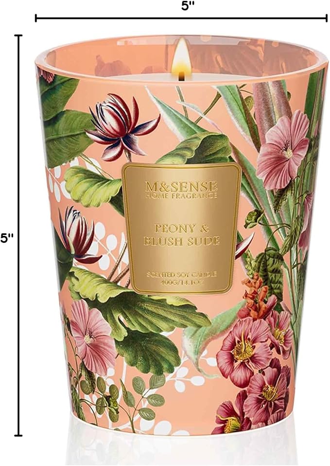 M&SENSE Peony Blush Sude Scented Natural Soy Wax Candle, 14.1oz 60 Hours Long Lasting Slow Burning Candles for Home Decor, Aromatherapy Candle for Stress Relief