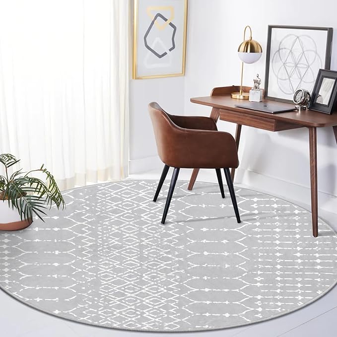 Lahome Moroccan 5Ft Round Rug Machine Washable Round Bedroom Carpet Grey Non-Slip Throw Circle Rugs for Living Room Low-Pile Large Round Rug, Modern Geometric Print Carpet for Office Dining Room Hana