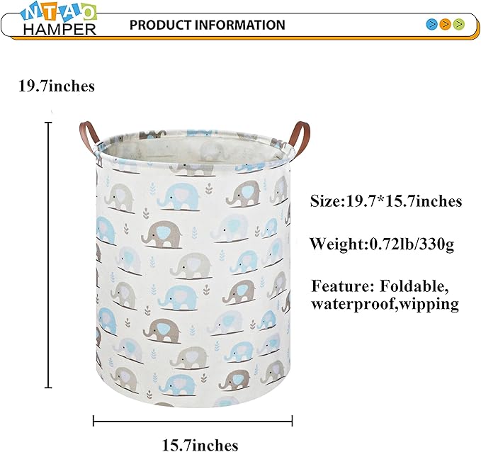 NTAOHAMPER Laundry Hamper, Elephant laundry Basket, Nursery Hamper, Waterproof Storage Bin for Bedroom, Clothes Organizer Basket, Room Decor(Blue Elephant)