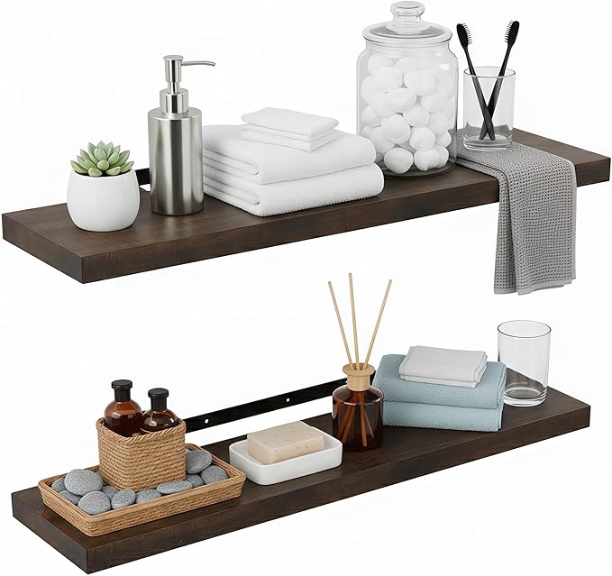 Lufia Floating Wall Shelves, Set of 2, MDF with Invisible Brackets, Modern Storage for Bedroom, Bathroom, Living Room, Kitchen (Rustic Brown, 28" W x 7" D x 1.5" H)