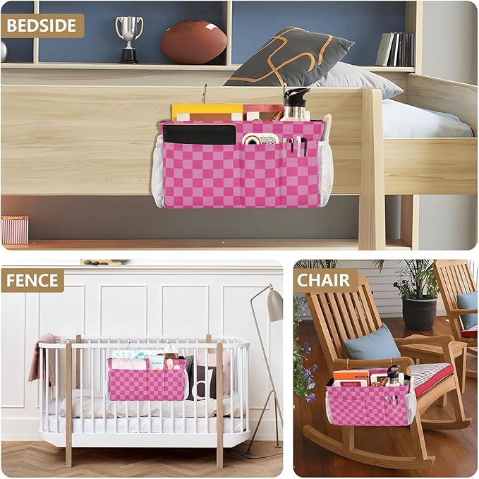 Pink Checkered Print Bedside Caddy Storage Bag Bedside Organizer for Bunk Bed Headboards College Organizer Caddy Hanging Shelf 6 Pockets with Hooks for Drinks Magazine Phone Holder
