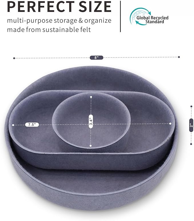 Welaxy EDC Cathall Desk Organizer felt bowls round stylish nightstand multi tray Entryway Bedside Caddy for Keys Phone Wallet Watch Glasses Pens minimalist living 3-Piece (Glacier gray)