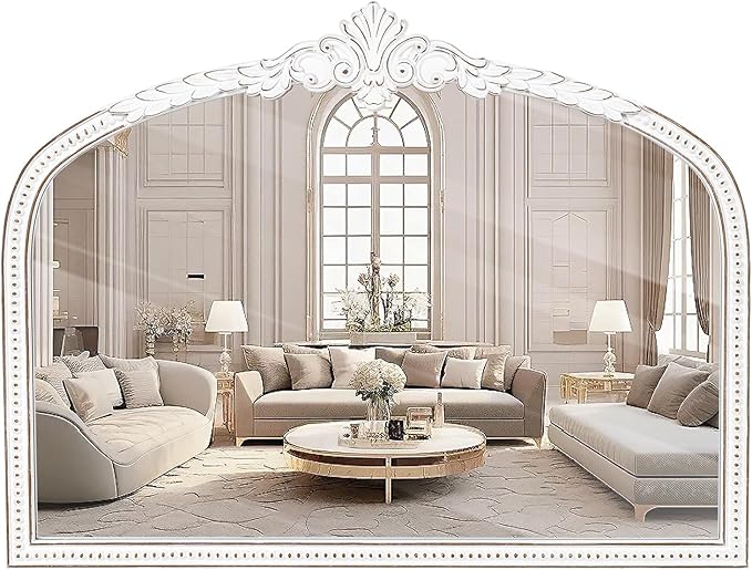 Farmhouse Wooden Wall Mirror - 32x42 Inches Antique White Baroque Wide Arched Decorative Mirror, Vintage Ornate Beaded Mirror for Living Room, Entryway, Mantel