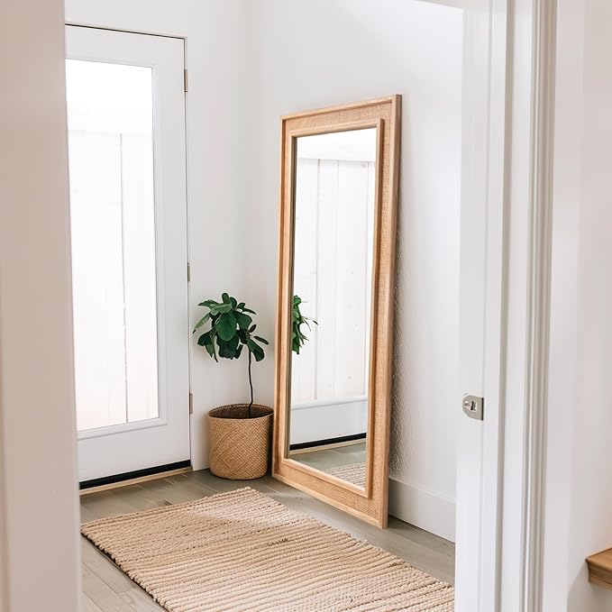 Rattan Full Length Mirror 24"x60" Long Wooden Full Body Mirror Hanging Decorative Farmhouse Rectangle Floor Mirror for Bathroom Living Dressing Room Nature