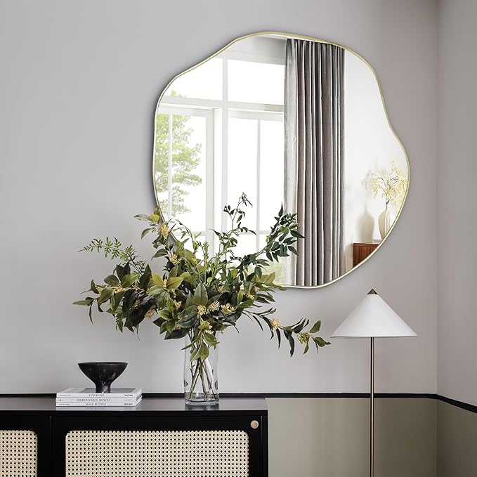 POZINO Gold Irregular Mirror, 30" Scalloped Rounded Mirrors, Asymmetrical Frameless Mirror, Modern Abstract Wall Mirrors for Living Room Bedroom Bathroom Entryway Hallway Fireplace
