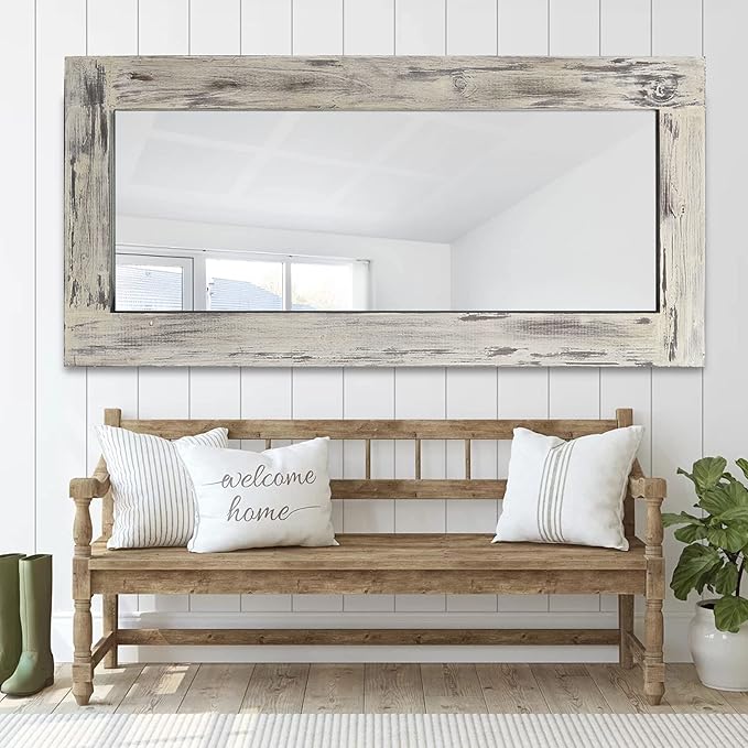 NeuType Floor Mirror Full Length, 71x32in Rustic Wood Frame Full Body Dressing Mirror, Wall-Mounted or Leaning Against Wall Standing Mirror, Farmhouse Decor for Bedroom Living Room,Retro White