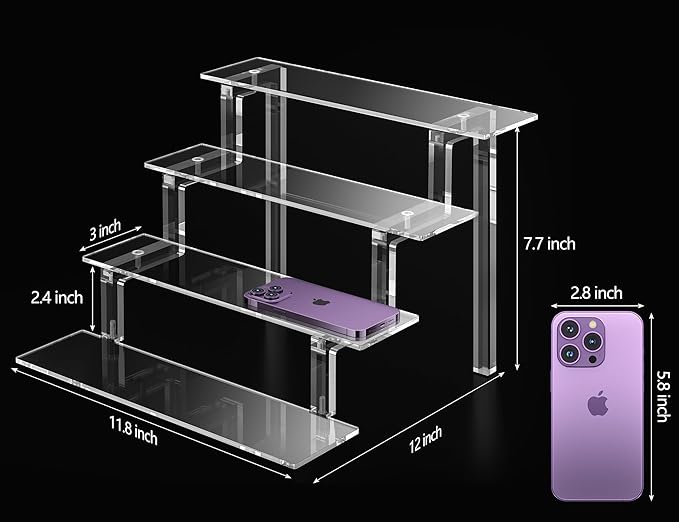 Kcrystenia Perfume Organizer, 12” Acrylic Display Stand Shelf for Perfume Cologne Makeup, Clear Display Shelves, 4 Tier Acrylic Risers Cologne Stand for Wedding Party Birthday (1 Pack)
