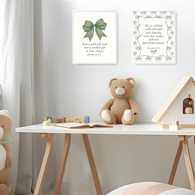 LARTSFRO Coquette Green Bow Jesus Wall Art Decor Posters, Olive Green Bow Christian Room Bedroom Bathroom Dorm Wall Art Decor Aesthetic for College Teen Girls Gifts, Inspirational Bible Verses Bow Wall Decor, 10x8 Inch Set of 4 Bow Pictures(UNFRAMED)