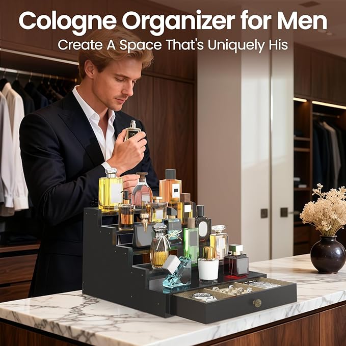 MODOWEY Perfume Organizer Cologne Holder Stand for Men, Wooden Wide-Spaced Shelf with Drawer, 5 Tier Large Capacity Storage Rack for Dresser Countertop, for a Neat, Accessible Fragrance Display, Black