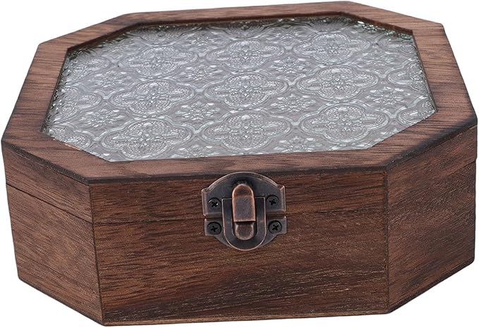Vintage Begonia Wooden Jewelry Storage Box with Glass, Small Decorative Storage Organizer, for Makeup Cosmetics, Xmas Gifts