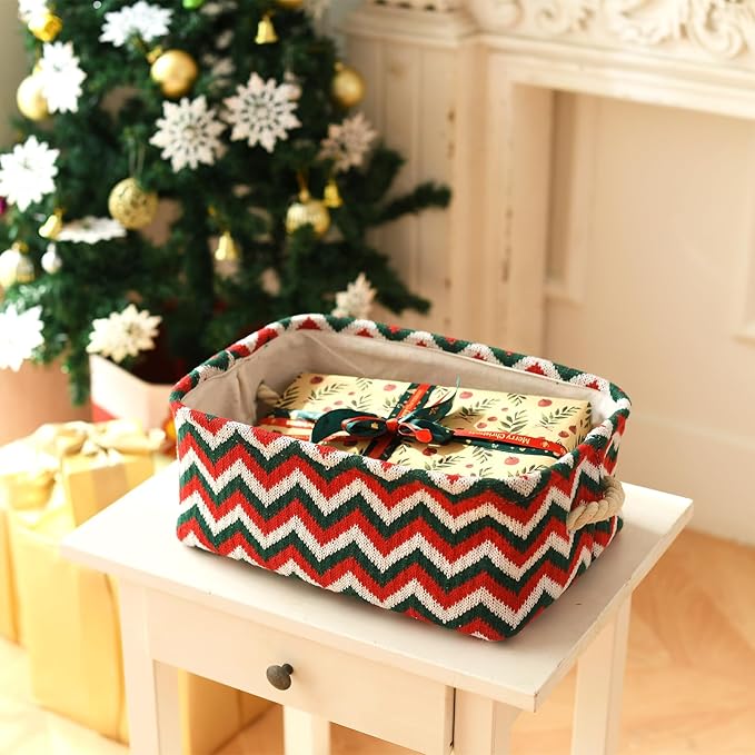 INough Christmas Ornament Storage Box Holiday Decoration Organizer, Knitted with Bulky Yarn Christmas Basket for Kids Collapsible Gifts Baskets Empty with Handles Ornament Storage Box