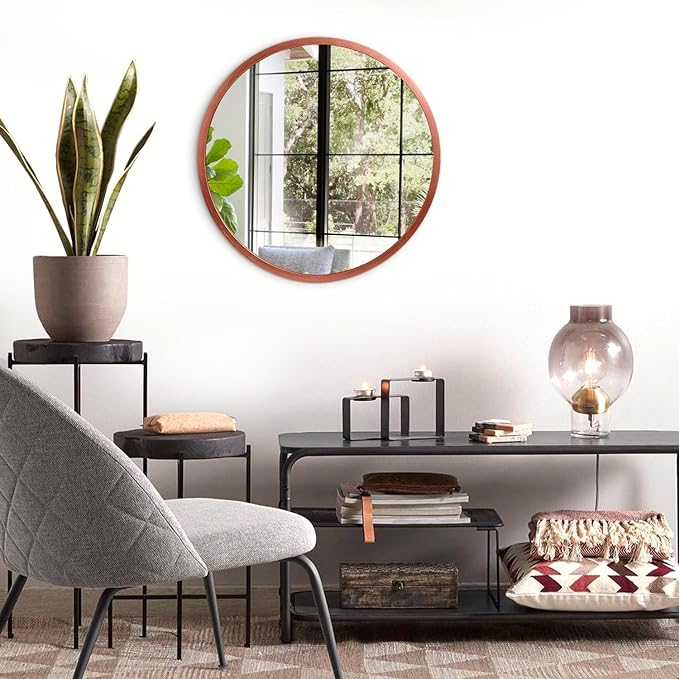 JJUUYOU Circular Wall Mirror Decorative Round Mirror for Bathroom Round Mirrors Small Red Decor Circle for Wall Metal Framed Make up Mirrors for Farmhouse Living Room Bedroom Dorm 16Inch