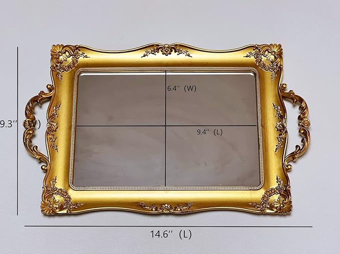 Rectangle Vintage Decorative Mirror Tray, Jewelry Cosmetics Makeup Storage Dresser Organizer Tray, Serving Tray (Golden - Rectangle)
