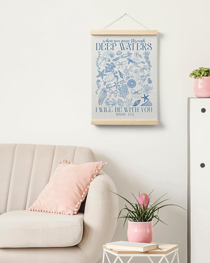 FGFK Retro Blue Christian Ocean Wall Art Poster Hanger Frame, Coastal Beach Isaiah 43:2 Bible Verse Religious Canvas Prints Framed Wall Decor for Home Office, 12x16 Inch