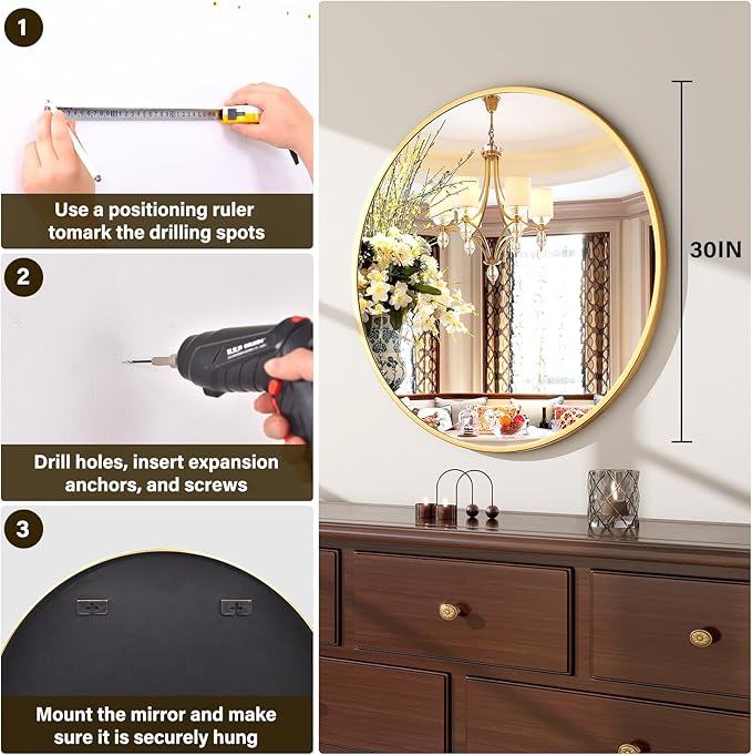 XRAMFY 30 Inch Round Mirror - Circle Mirrors for Bathroom, Entryway and Living Room Wall Decor, Modern Hanging Vanity Mirror, Matte Gold Circle Decorative Wall Mirror