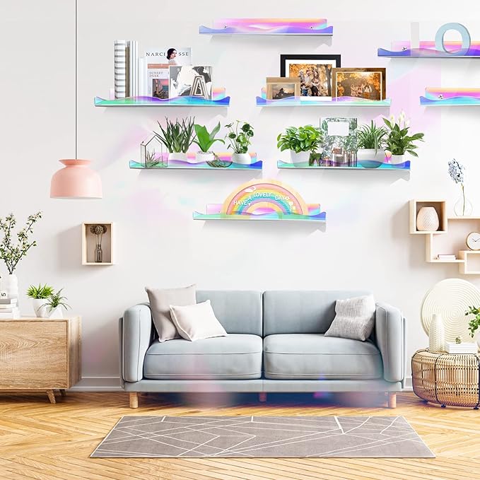 6 Packs Iridescent Clear Acrylic Floating Shelves, DILIBRA 15.7 Inch Large Set up for Funko Pop Display Case Picture Ledge Shelf, Acrylic Floating Wall Bookshelf Organizer for Kids Room Bathroom