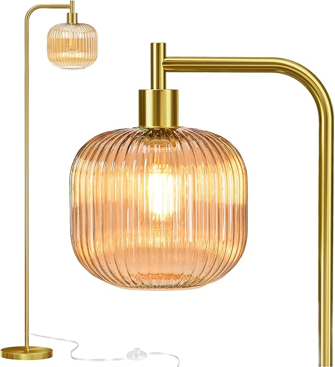Mid Century Modern Floor Lamp, 67" Tall Standing Lamp with Transparent Amber Glass Shade, Vintage Gold Floor Lamp for Living Room Bedroom, Stable 6.2lbs Weighted Base, ST64 LED Bulb Included