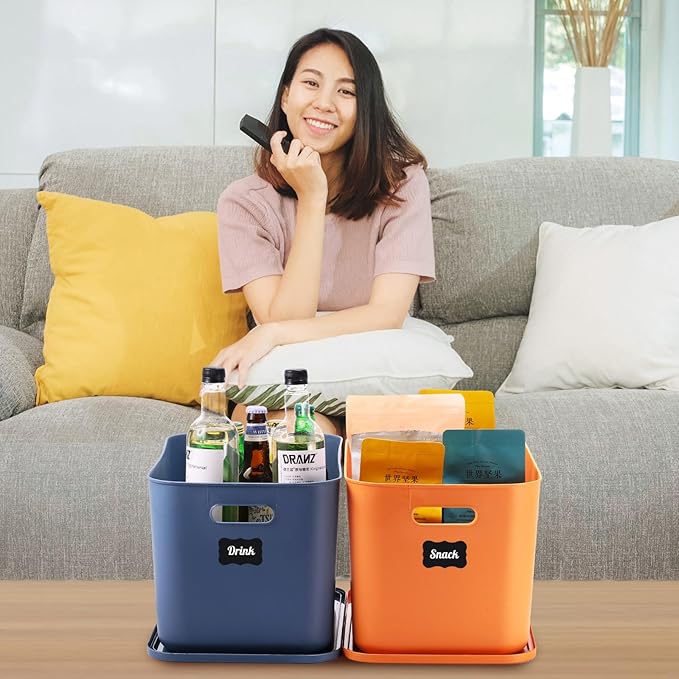 Tanlade 8 Pcs Plastic Storage Bins Stackable Baskets with Lid and Handle Colorful Desktop Storage Box Cubby Containers for Shelf Bedroom Office, Include 1 Erasable Marker, 16 Stickers (14 x 10 x 9 In)