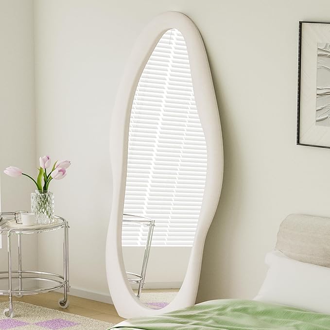 Dewfig Full Length Mirror, 63" x 24"Irregular Mirror, Large Floor Length Mirrors Wall Mounted, Standing Mirrors with Flannel Wrapped Wooden Frame for Bedroom/Living Room, White