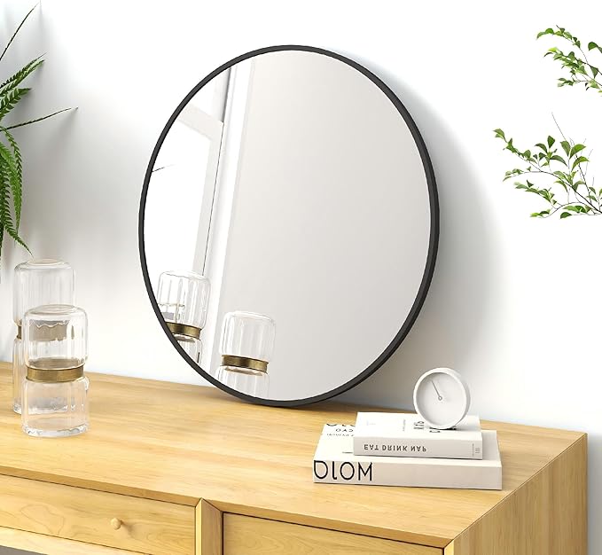 SCWF-GZ 20" Round Mirror Circle Wall Mounted Hanging or Against Wall Metal Frame Dressing Make-up Mirrors for Entryway Bedroom Bathroom Living Room 20 inch Black