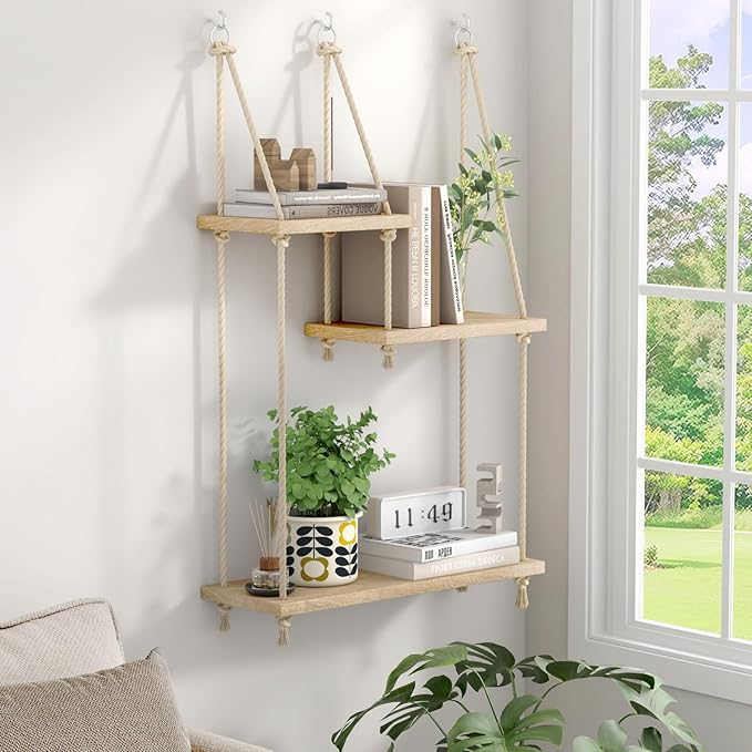 3 Tier Hanging Wall Shelves, Boho Rope Hanging Plant Stand with LED Vine Lights, Rustic Wood Floating Shelves Organizer for Bedroom Kitchen Living Room Wall Decor (Three-Tier Rope Rack)