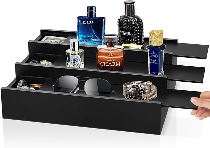 Wooden Cologne Organizer for Men - 3 Tier Cologne Stand Perfume Organizer with Hidden Compartment, Black Elevated Cologne Display Shelf for Organizing and Storing,Watch and Jewelry,Gift for Father