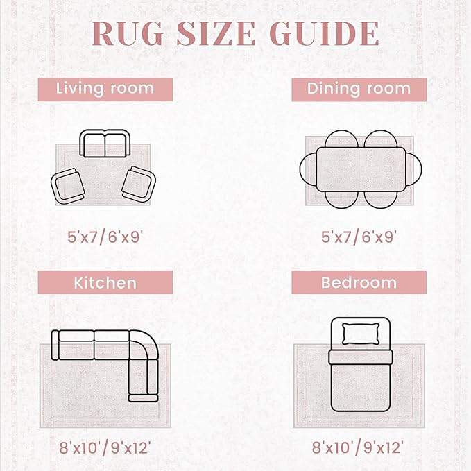 6x9 Area Rugs for Living Room: Washable Vintage Floral Rug Low Pile Non-Slip Boho Carpet for Nursery Bedroom Dining Room (Pink, 6'x9')